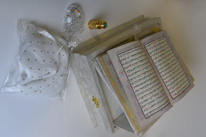 Pearl White Tazkira Quran Set (Ittar  , Scarf Gold Plated Tasbeeh, Janamz)