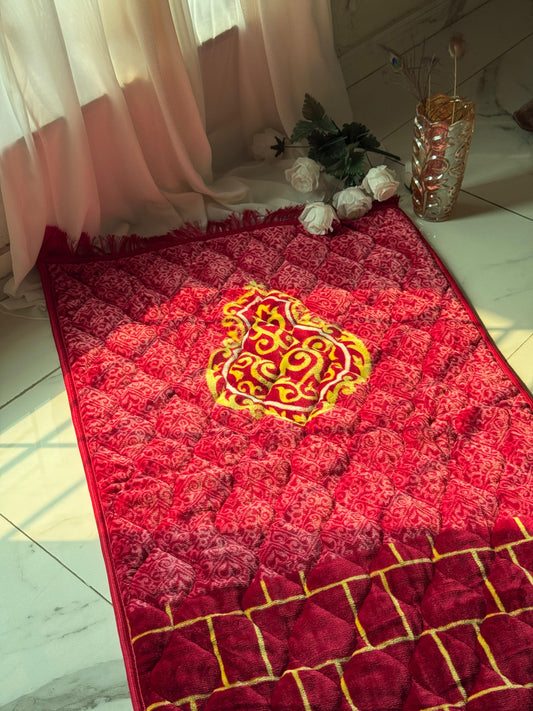 A Red Bridal jaynamaz - prayer Mate with a motive design online available at Idara-e-Islamiat, displayed for daily Muslim prayers. an ideal wedding gift 