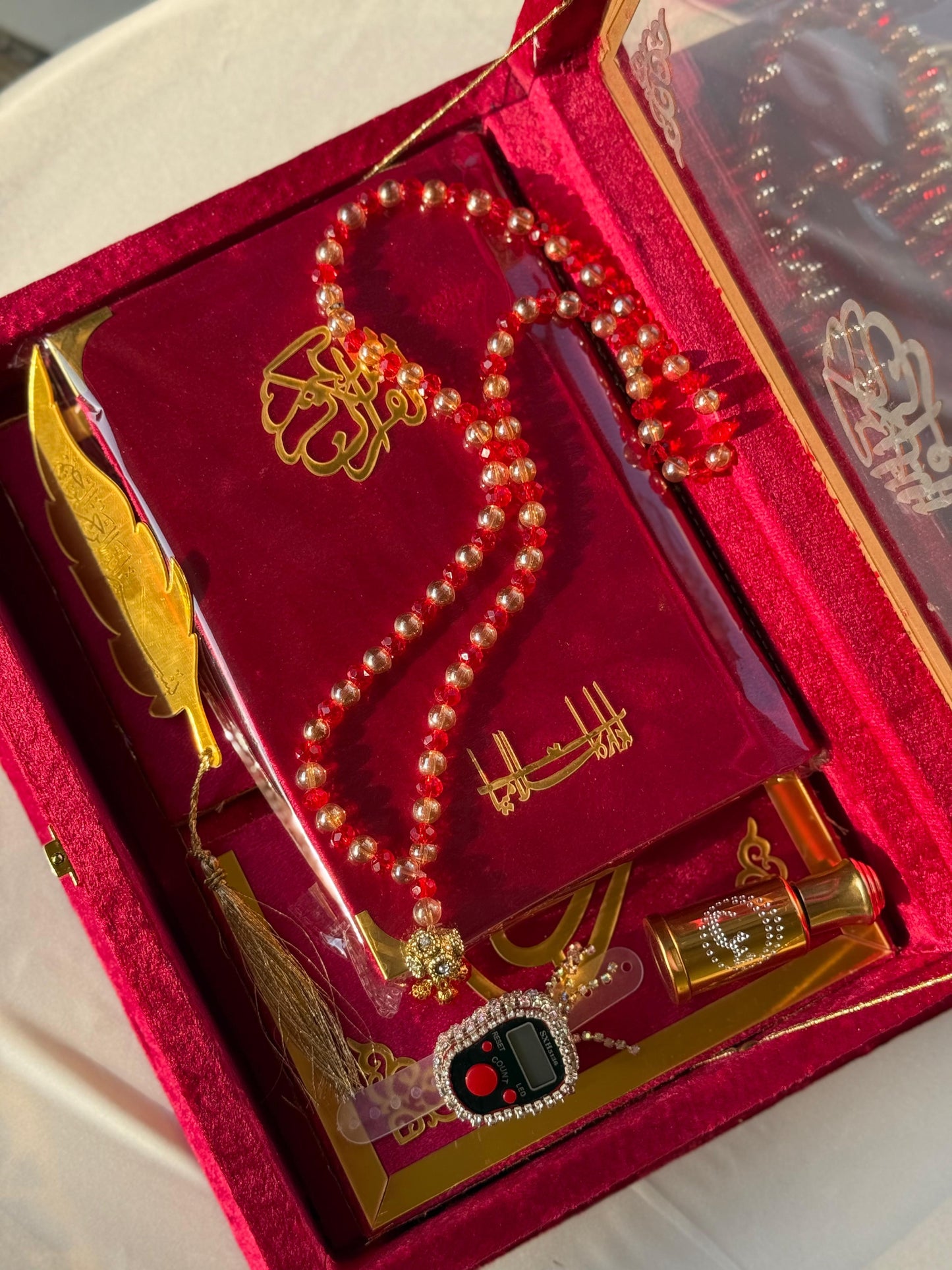 Ziwaj Quran Set , Transparent Bridal Velvet Red Quran Set , ittar , Tasbeeh , velvet Rahal , Counter Tasbeeh , Book Mark , Matching Janamz