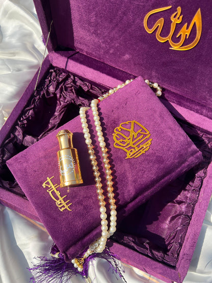Purple Velvet Gift Quran Set ( Ittar , Matching Tasbeeh ,Rahal Box , Velvet Quran , Carton Box , Delivery Free)