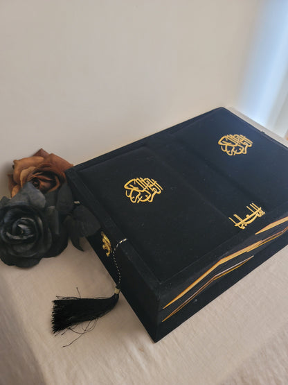 Black Velvet Quran Set (Tasbeeh , Ittar , Velvet Rahal Box , Velvet Quran)