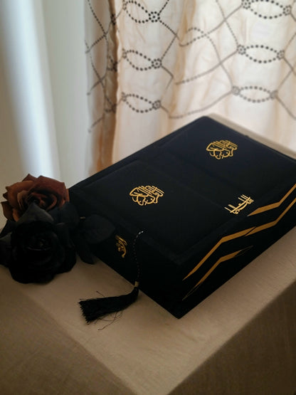 Jet Black Velvet Bridal Quran Set (Ittar , Tasbeeh , Velvet Quran , Velvet Rahal Box , Prayer Mat)