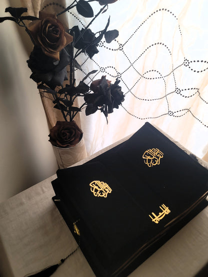 Black Velvet Quran Set (Tasbeeh , Ittar , Velvet Rahal Box , Velvet Quran)