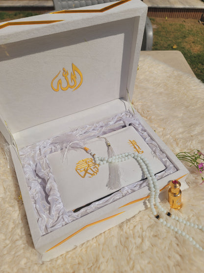 White Pearl Velvet Quran Set (Tasbeeh , Ittar , Velvet Rahal Box , Velvet Quran)