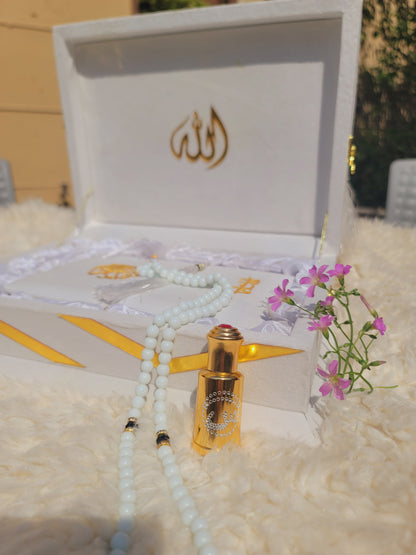 White Pearl Velvet Quran Set (Tasbeeh , Ittar , Velvet Rahal Box , Velvet Quran)