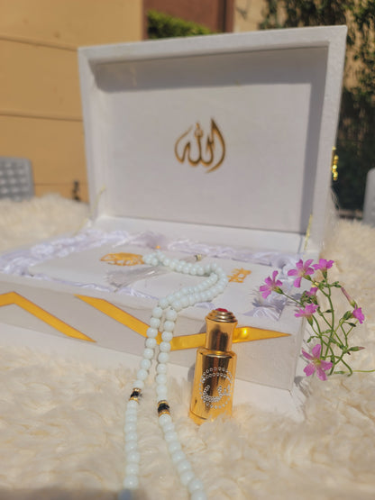 White Pearl Velvet Quran Set (Tasbeeh , Ittar , Velvet Rahal Box , Velvet Quran)