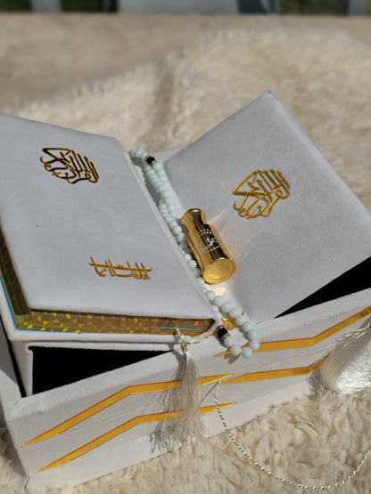 White Pearl Velvet Quran Set (Tasbeeh , Ittar , Velvet Rahal Box , Velvet Quran)