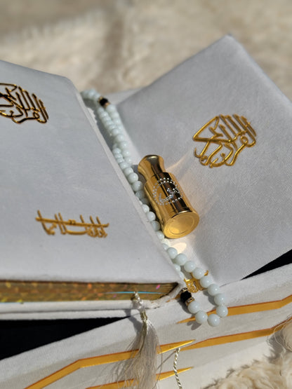 White Pearl Velvet Quran Set (Tasbeeh , Ittar , Velvet Rahal Box , Velvet Quran)