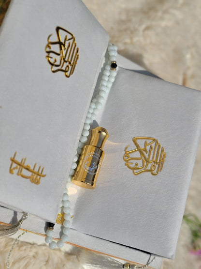 White Pearl Velvet Quran Set (Tasbeeh , Ittar , Velvet Rahal Box , Velvet Quran)