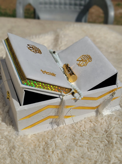 White Pearl Velvet Quran Set (Tasbeeh , Ittar , Velvet Rahal Box , Velvet Quran)
