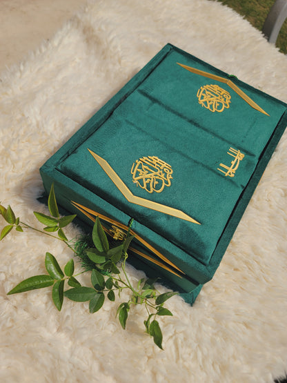 Green Meadow Velvet Quran Set (Tasbeeh , Ittar , Velvet Rahal Box , Velvet Quran)