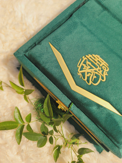 Green Meadow Velvet Quran Set (Tasbeeh , Ittar , Velvet Rahal Box , Velvet Quran)
