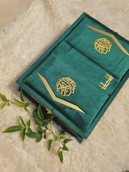Green Meadow Velvet Quran Set (Tasbeeh , Ittar , Velvet Rahal Box , Velvet Quran)