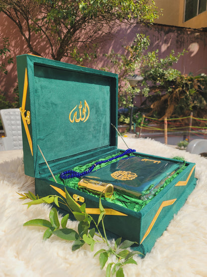 Green Meadow Velvet Quran Set (Tasbeeh , Ittar , Velvet Rahal Box , Velvet Quran)