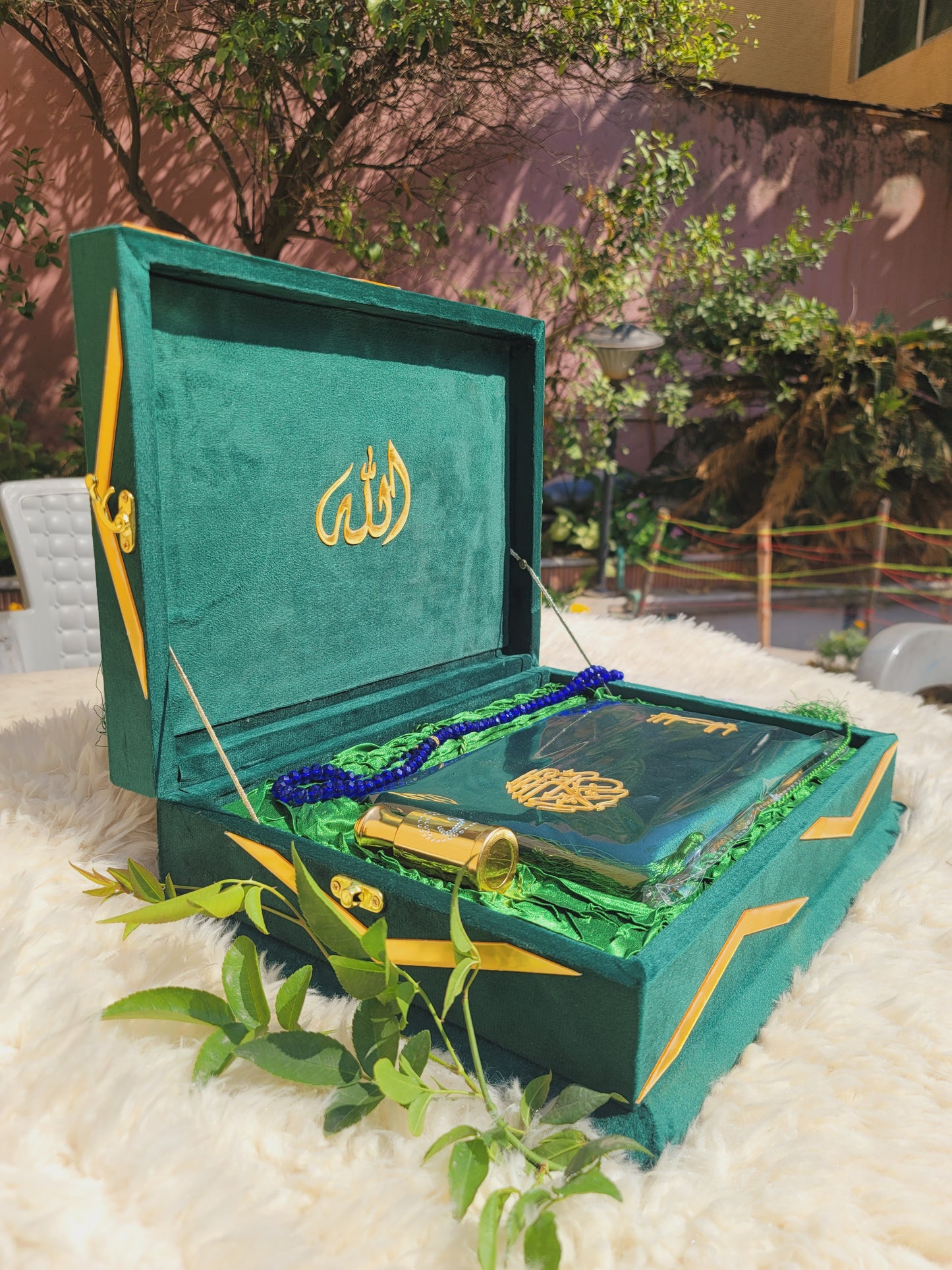 Green Meadown Bridal Velvet Quran Set with Green Quilted Foam Janamaz (Velvet Quran , velvet Rahal Box , Ittar , tasbeeh , Janamz , carton box , Plastic Gift Bag)