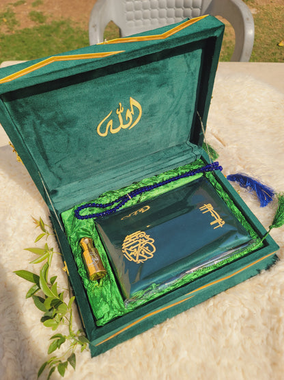 Green Meadow Bridal Velvet Quran Set with Green Quilted Foam Janamaz (Velvet Quran , velvet Rahal Box , Ittar , tasbeeh , Janamz , carton box , Plastic Gift Bag)