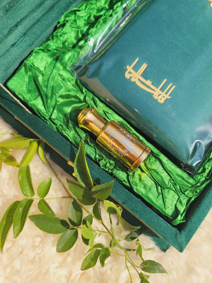 Green Meadow Velvet Quran Set (Tasbeeh , Ittar , Velvet Rahal Box , Velvet Quran)