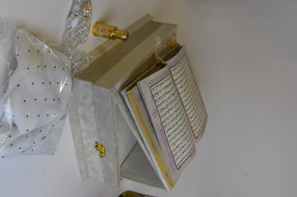 Pearl White Tazkira Quran Set (Ittar  , Scarf Gold Plated Tasbeeh, Janamz)