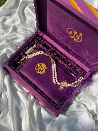 Purple Velvet Gift Quran Set ( Ittar , Matching Tasbeeh ,Rahal Box , Velvet Quran , Carton Box , Delivery Free)