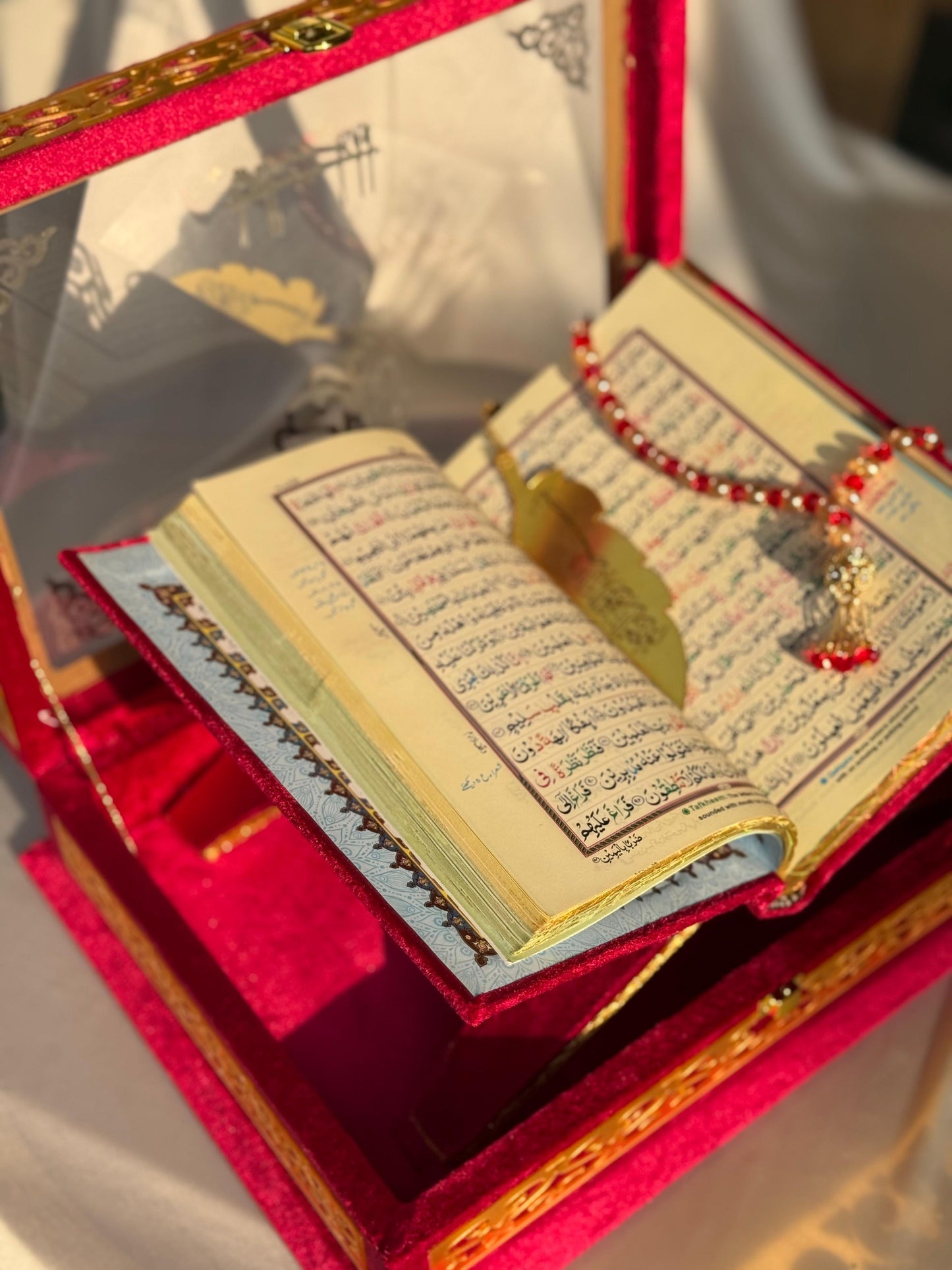 Ziwaj Quran Set , Transparent Bridal Velvet Red Quran Set , ittar , Tasbeeh , velvet Rahal , Counter Tasbeeh , Book Mark , Matching Janamz