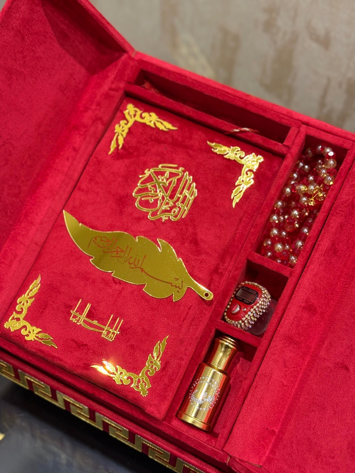 Al Kitab Red Bridal Quran Set , Standing Rahl Box , Velvet Quran , Counter Tasbeeh ,Matching Tabsbeeh , Bookmark , Matching Janamz , Customise Name