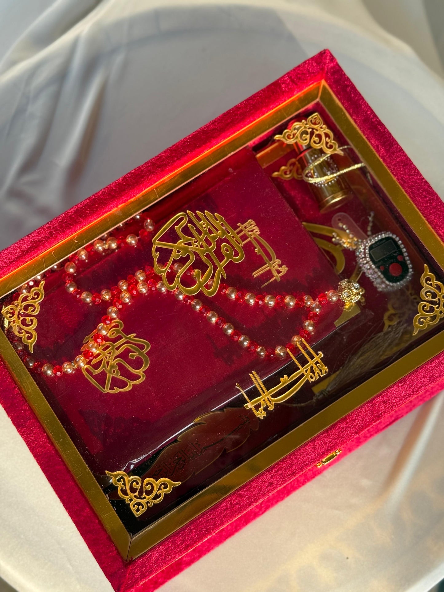 Ziwaj Quran Set , Transparent Bridal Velvet Red Quran Set , ittar , Tasbeeh , velvet Rahal , Counter Tasbeeh , Book Mark , Matching Janamz