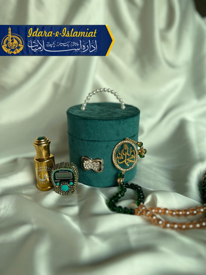 Velvet Tasbeeh box with ittar and Gold Plated Tasbeeh along with fancy counter