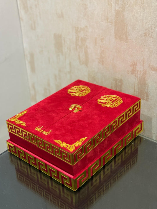 Al Kitab Red Bridal Quran Set , Standing Rahl Box , Velvet Quran , Counter Tasbeeh ,Matching Tabsbeeh , Bookmark , Matching Janamz , Customise Name