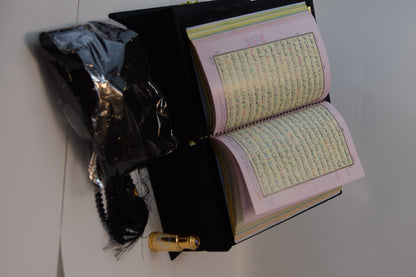 Black Velvet Tazkira Quran Set (Ittar , customise Tasbeeh Gold plated , scarf , Prayer Mat)