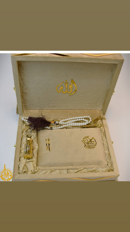 Golden Velvet Bridal Quran Set ( Ittar , Tasbeeh , Rahal box , Velvet Quran)