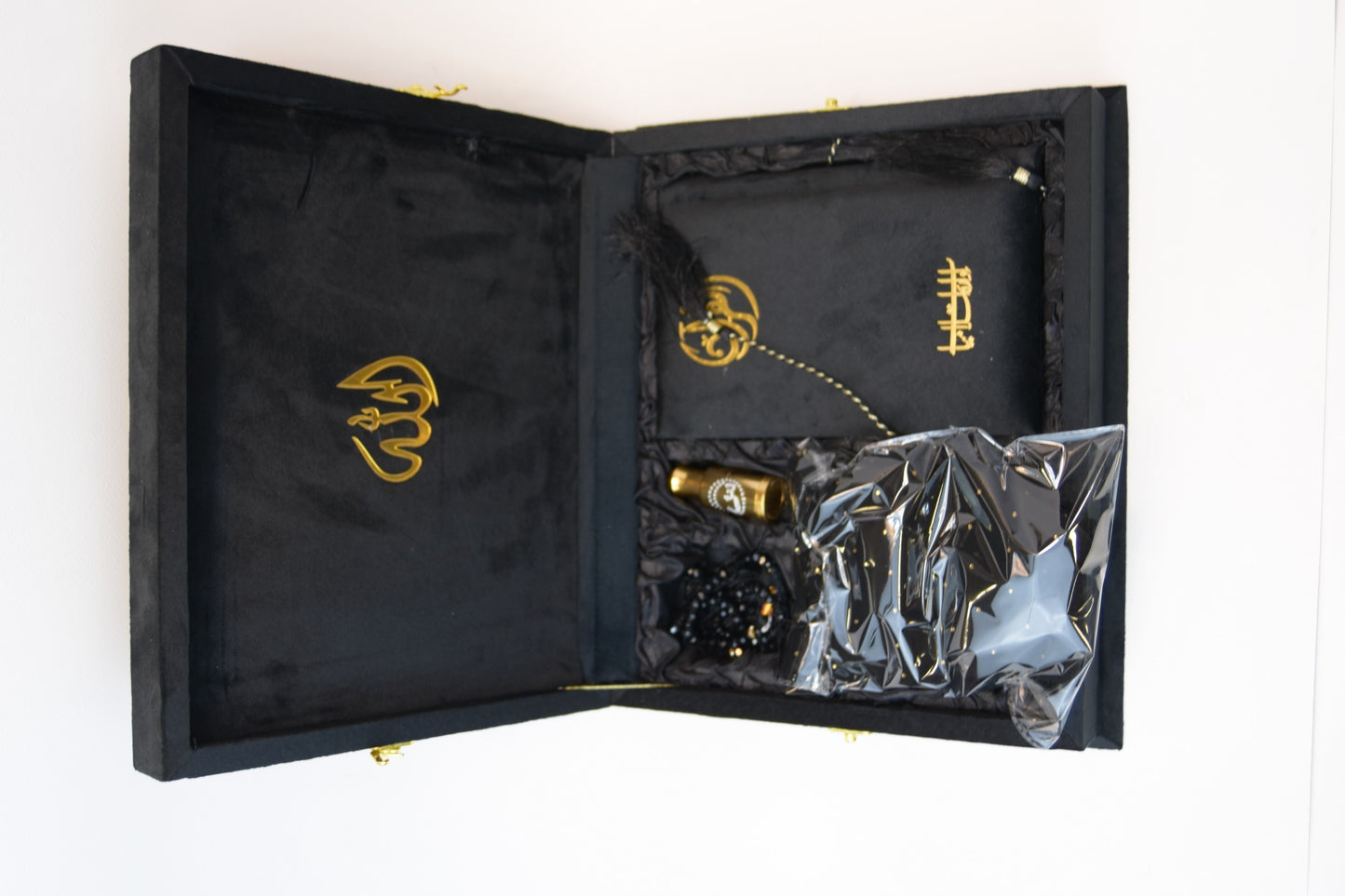 Black Velvet Tazkira Quran Set (Ittar , customise Tasbeeh Gold plated , scarf , Prayer Mat)