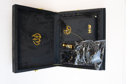 Black Velvet Tazkira Quran Set (Ittar , customise Tasbeeh Gold plated , scarf , Prayer Mat)