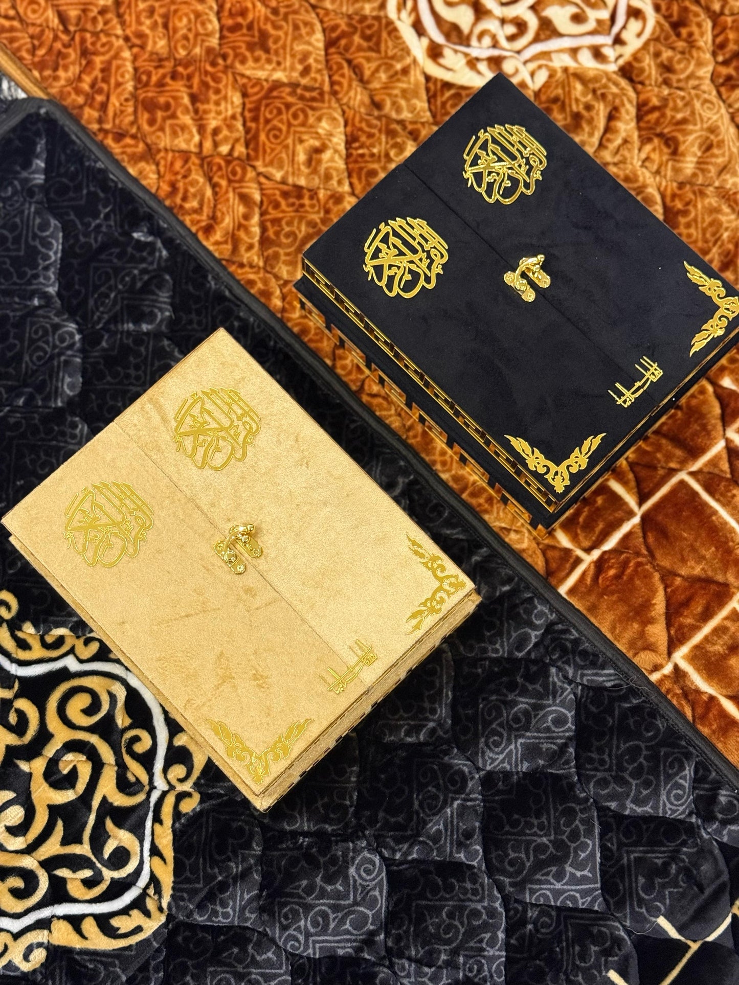Al Kitab Golden Velvet Standing Quran Set, Standing Rahl Box , Velvet Quran , Counter Tasbeeh ,Matching Tabsbeeh , Bookmark , Matching Janamz , Customise Name