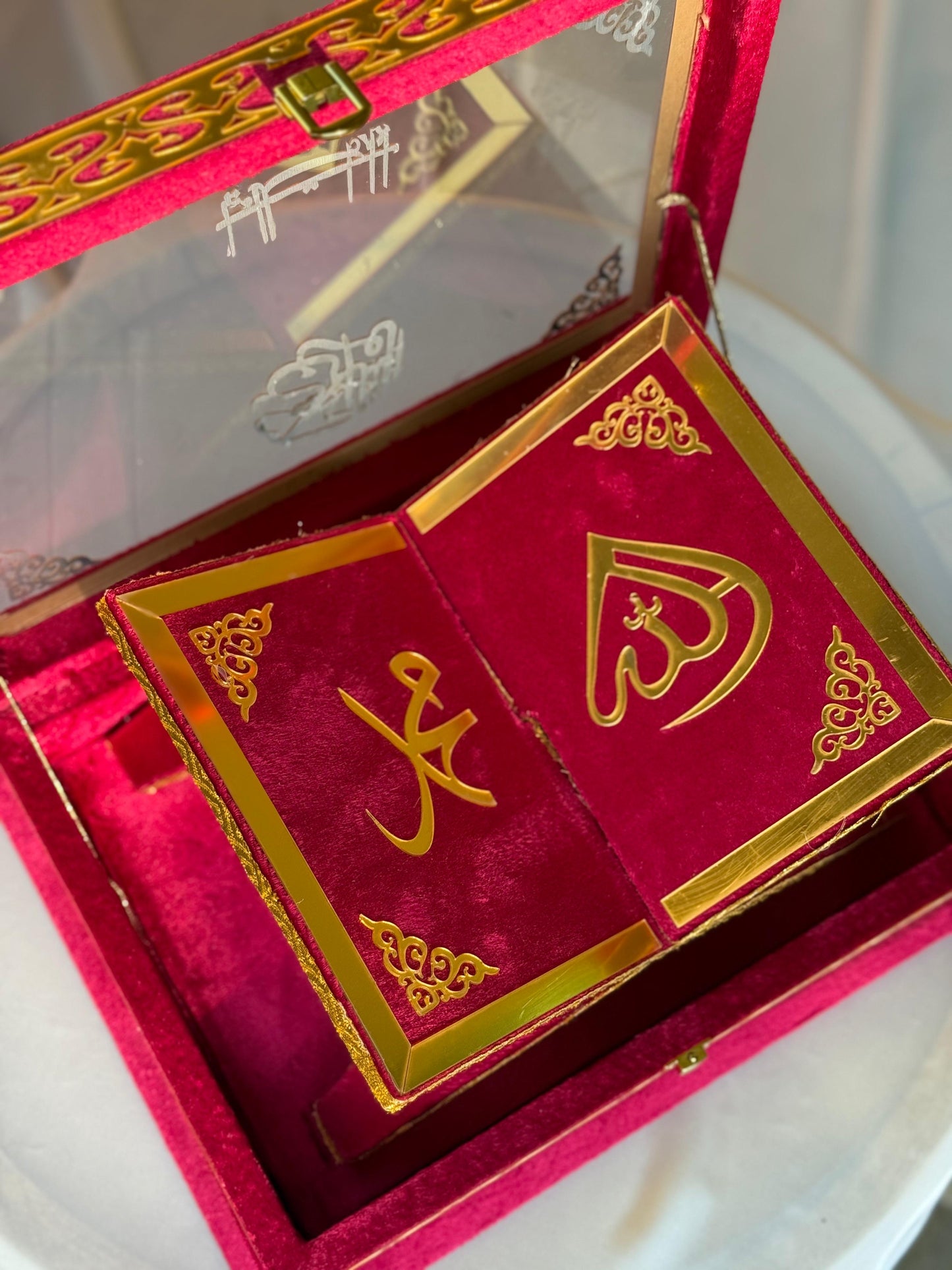 Ziwaj Quran Set , Transparent Bridal Velvet Red Quran Set , ittar , Tasbeeh , velvet Rahal , Counter Tasbeeh , Book Mark , Matching Janamz