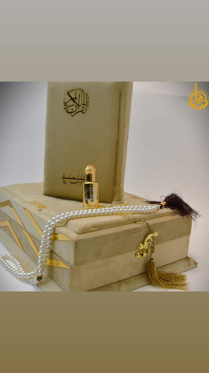 Golden Velvet Bridal Quran Set ( Ittar , Tasbeeh , Rahal box , Velvet Quran)