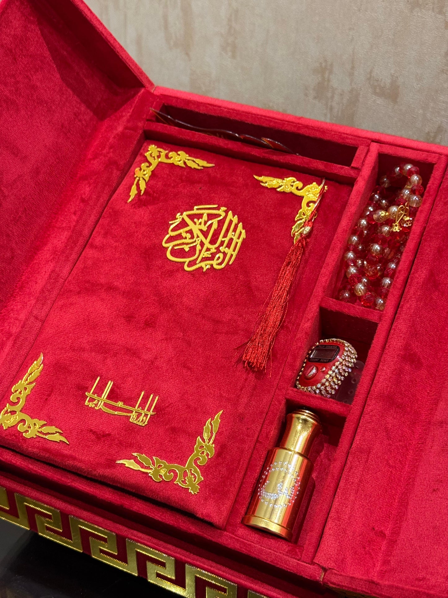 Al Kitab Red Bridal Quran Set , Standing Rahl Box , Velvet Quran , Counter Tasbeeh ,Matching Tabsbeeh , Bookmark , Matching Janamz , Customise Name