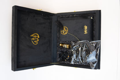 Black Velvet Tazkira Quran Set (Ittar , customise Tasbeeh Gold plated , scarf , Prayer Mat)