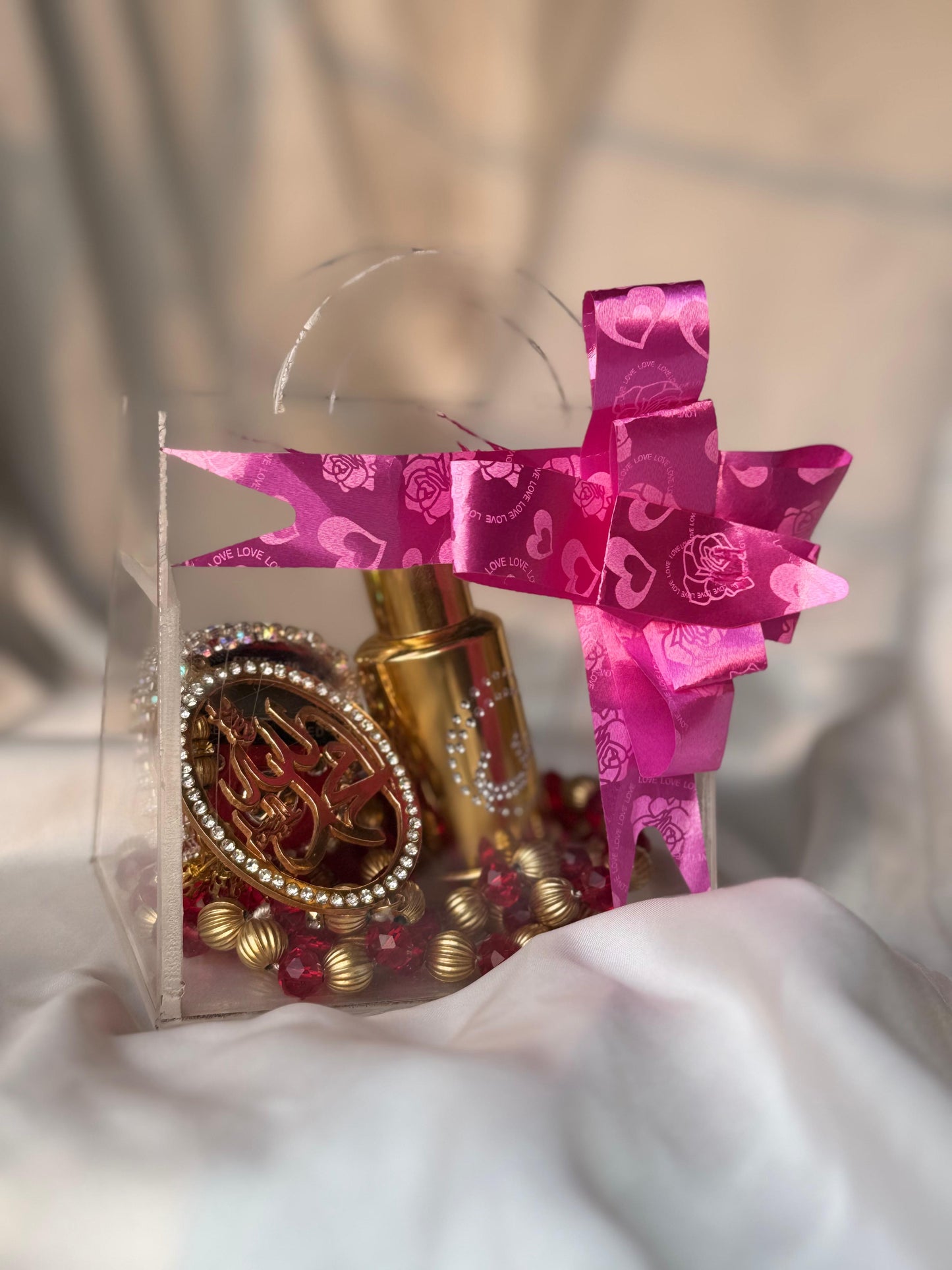 Zikar Gift Box (Acrylic Gift Packing Box , White Oud , Gold Plated Cutomise Tasbeeh , Beads Counter )