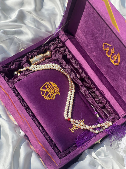 Purple Velvet Gift Quran Set ( Ittar , Matching Tasbeeh ,Rahal Box , Velvet Quran , Carton Box , Delivery Free)