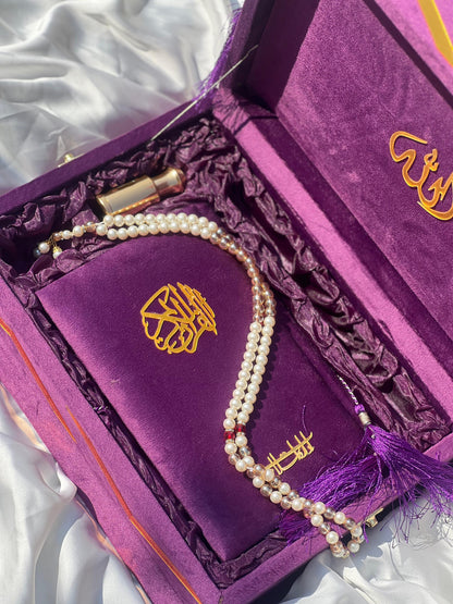 Purple Velvet Gift Quran Set ( Ittar , Matching Tasbeeh ,Rahal Box , Velvet Quran , Carton Box , Delivery Free)