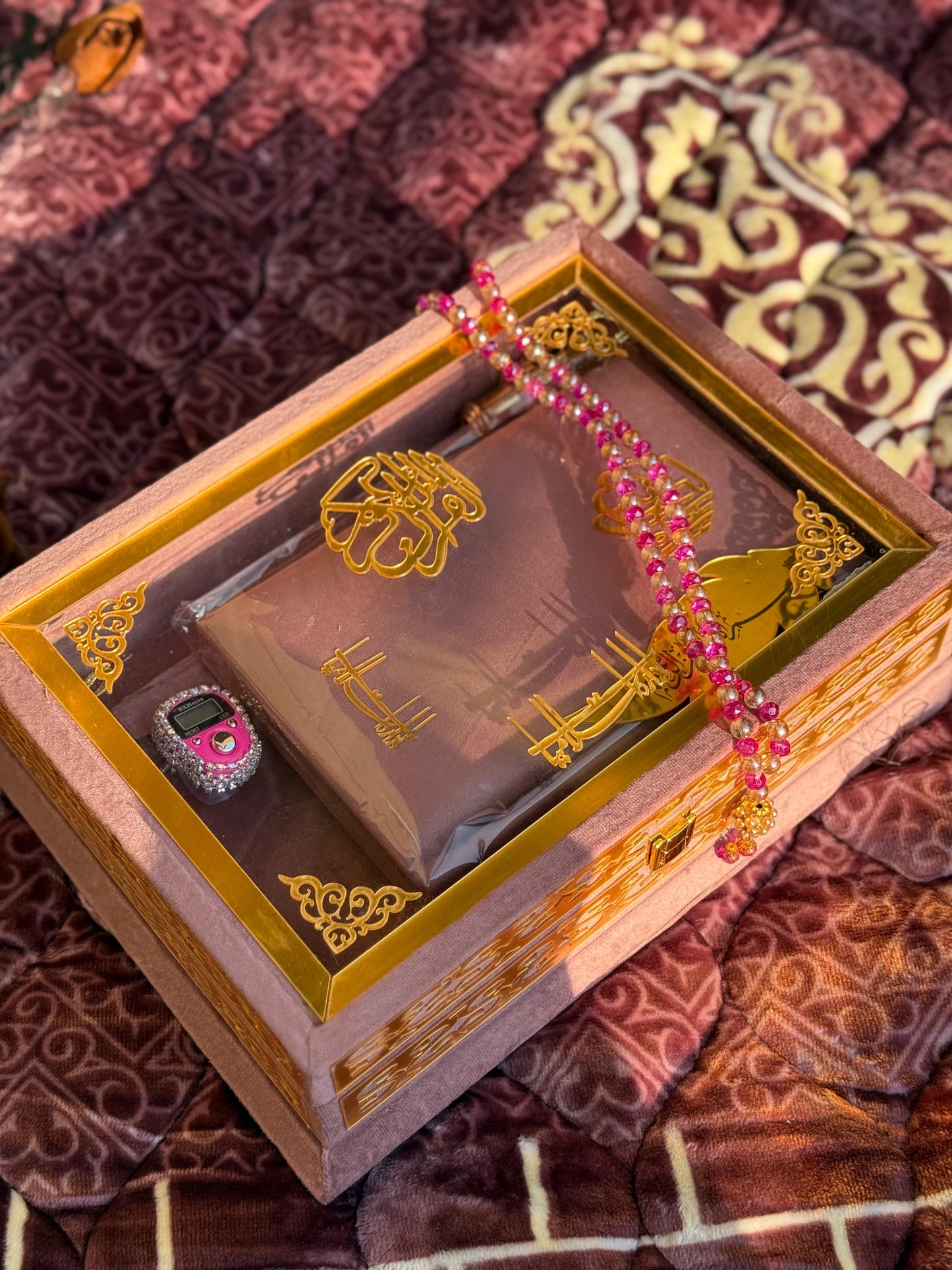 Ziwaj Pink Transparent Set ,Velvet Rahal, Velvet Box , Ittar , Tasbeeh , Counter , Prayer Mat