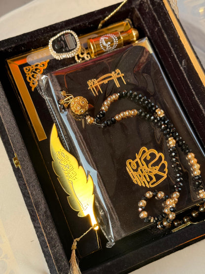 Ziwaj Quran Set , Transparent Bridal Velvet Black Quran Set , ittar , Tasbeeh , velvet Rahal , Counter Tasbeeh , Book Mark , Matching Janamz