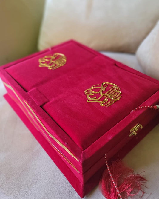 Bridal Red Velvet Translation Quran Set with Tafseer (Ittar ,Tasbeeh , Rahal Box Velvet , Quran , Prayer Mat)