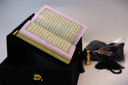 Black Velvet Tazkira Quran Set (Ittar , customise Tasbeeh Gold plated , scarf , Prayer Mat)