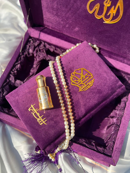 Purple Velvet Gift Quran Set ( Ittar , Matching Tasbeeh ,Rahal Box , Velvet Quran , Carton Box , Delivery Free)