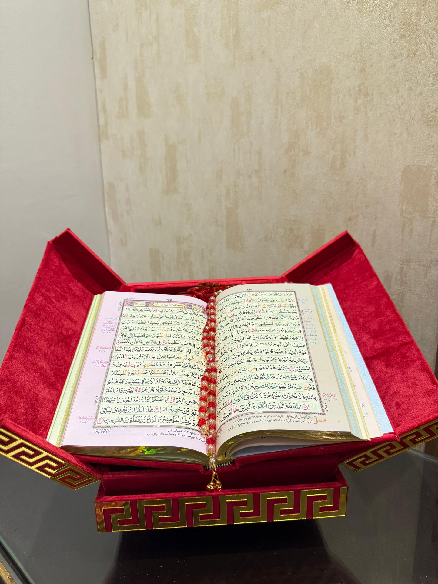 Al Kitab Red Bridal Quran Set , Standing Rahl Box , Velvet Quran , Counter Tasbeeh ,Matching Tabsbeeh , Bookmark , Matching Janamz , Customise Name