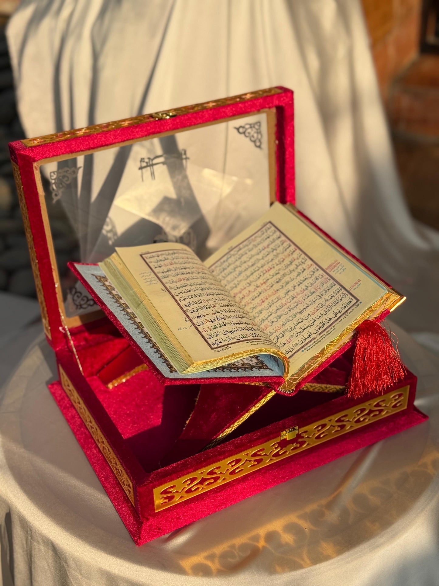 Ziwaj Quran Set , Transparent Bridal Velvet Red Quran Set , ittar , Tasbeeh , velvet Rahal , Counter Tasbeeh , Book Mark , Matching Janamz