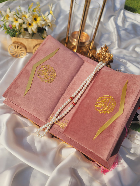 Rose Pink Velvet Gift Quran Set (Ittar , Tasbeeh , Rahal Box , Velvet Quran)