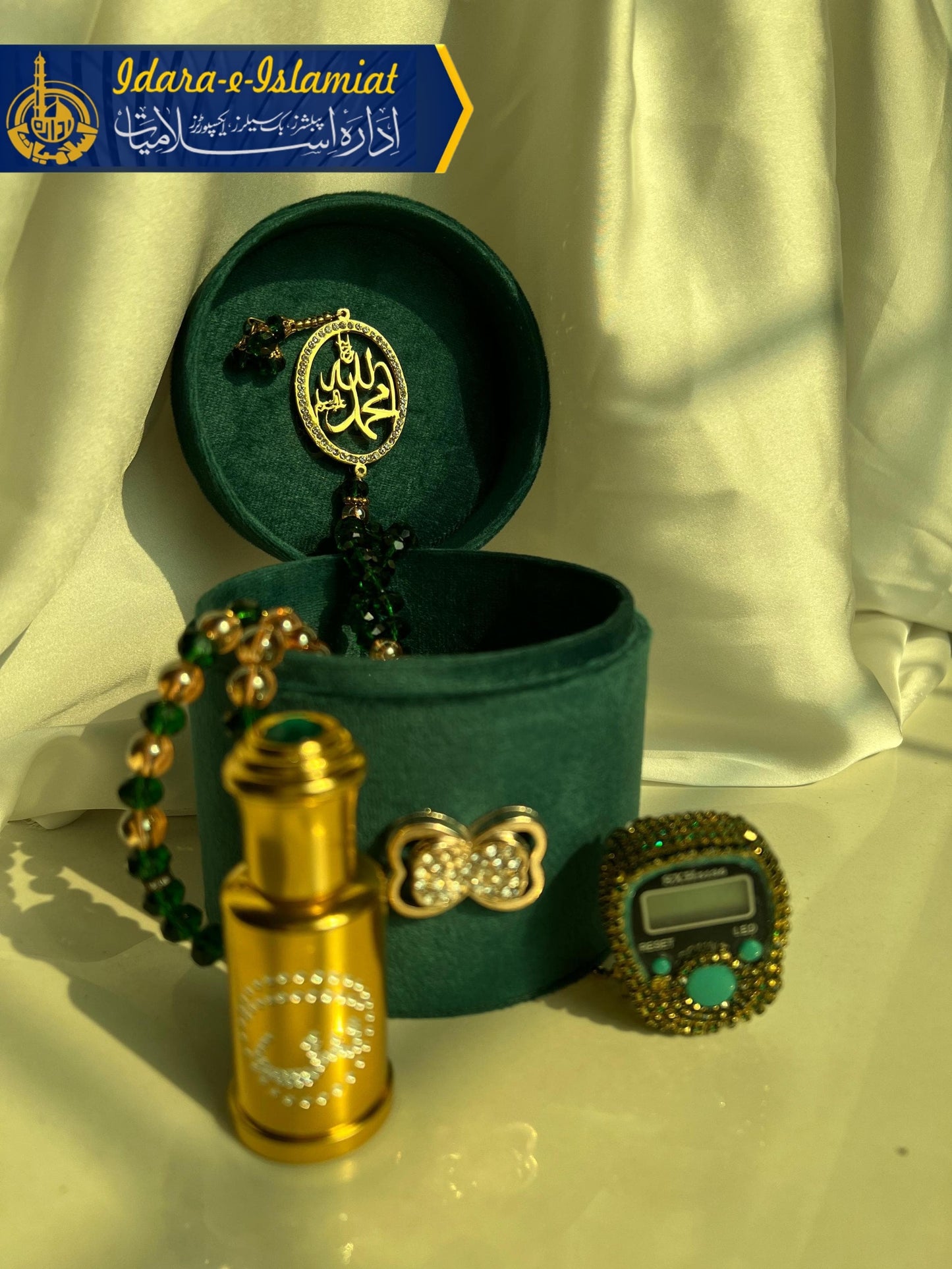 Velvet Tasbeeh box with ittar and Gold Plated Tasbeeh along with fancy counter