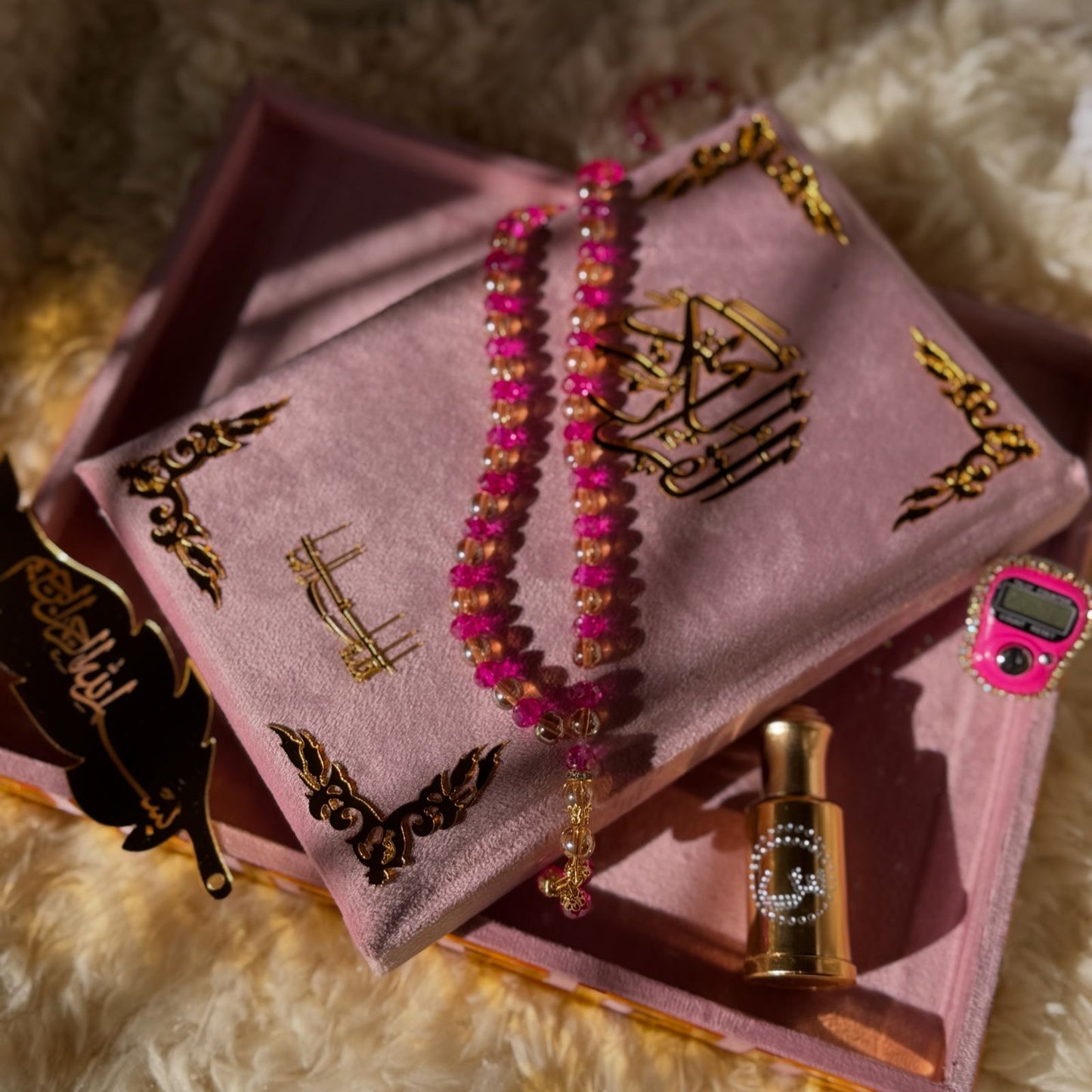 Al Kitab Pink Velvet Standing Quran Set , Standing Rahl Box , Velvet Quran , Counter Tasbeeh ,Matching Tabsbeeh , Bookmark , Matching Janamz , Customise Name